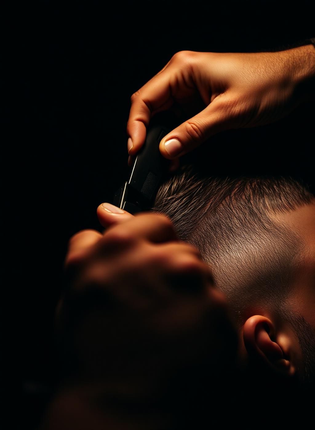 Barber blending a fade with clippers in low warm light